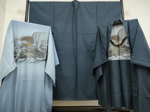 平和屋着物●極上 男性 本場大島紬 アンサンブル 長襦袢(袷)・長羽織セット 100亀甲 総詰め 羽裏・鷹 逸品 未使用 DZAB4735kh6