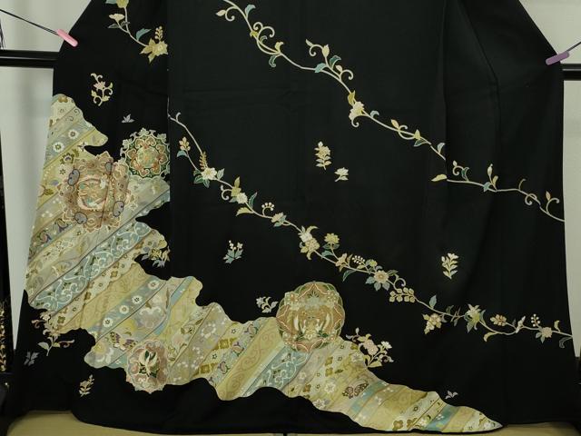 平和屋本店●極上 訪問着 駒刺繍 鳳凰舞鳥更紗花文 黒地 金彩 逸品 DZAB4739kh6