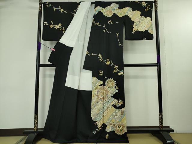平和屋本店●極上 訪問着 駒刺繍 鳳凰舞鳥更紗花文 黒地 金彩 逸品 DZAB4739kh6