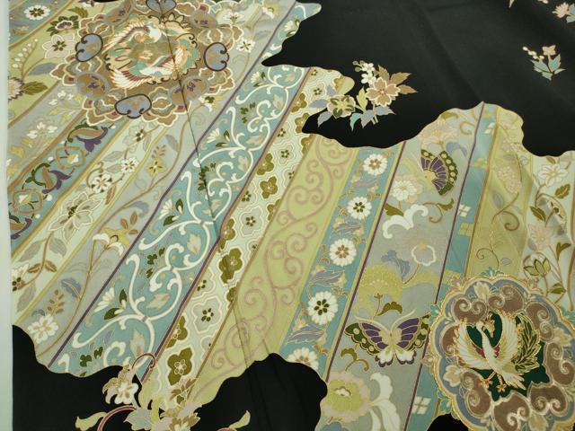 平和屋本店●極上 訪問着 駒刺繍 鳳凰舞鳥更紗花文 黒地 金彩 逸品 DZAB4739kh6