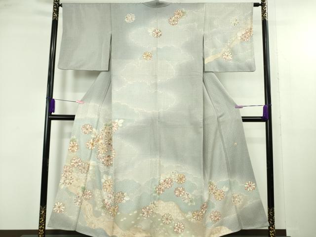 平和屋本店●極上 中国三大刺繍 スワトウ刺繍 訪問着 駒刺繍 作家物 道長花文 スモークブルー色地 暈し染め 金糸 逸品 DZAB4748kh6