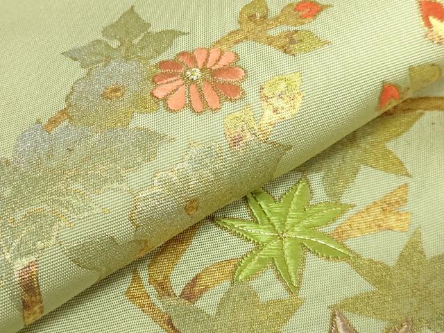 平和屋着物●極上 塩瀬 九寸名古屋帯 刺繍 花丸文 薄い抹茶色地 金彩 逸品 DZAB4768kh6