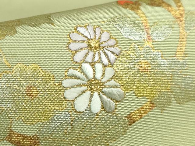 平和屋着物●極上 塩瀬 九寸名古屋帯 刺繍 花丸文 薄い抹茶色地 金彩 逸品 DZAB4768kh6