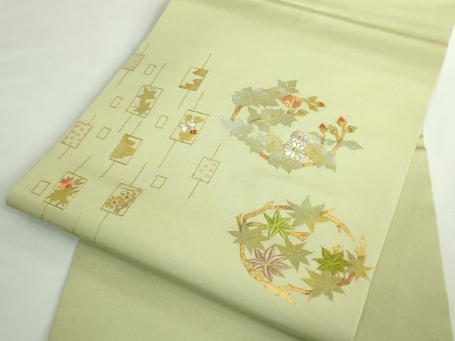 平和屋着物●極上 塩瀬 九寸名古屋帯 刺繍 花丸文 薄い抹茶色地 金彩 逸品 DZAB4768kh6