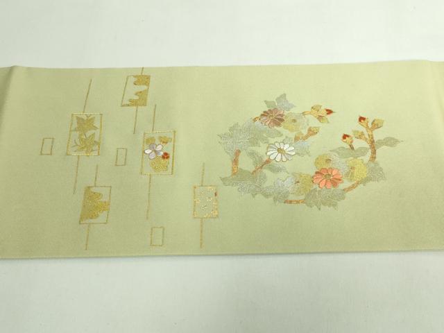 平和屋着物●極上 塩瀬 九寸名古屋帯 刺繍 花丸文 薄い抹茶色地 金彩 逸品 DZAB4768kh6