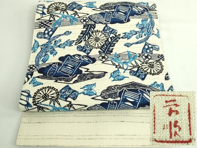 平和屋本店＊最高級　夏物　城間栄順　本場琉球紅型　八寸名古屋帯　藍型　ぜんまい紬　糸車　トンボ　蝶　逸品　DZAB4792kh6 平和屋本店＊最高級 夏物 城間栄順 本場琉球紅型 八寸名古屋