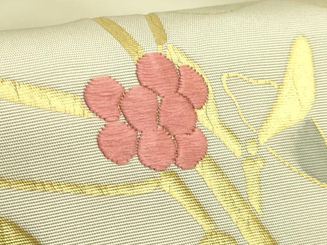 平和屋着物●極上 塩瀬 九寸名古屋帯 刺繍 南天枝葉文 金彩 逸品 DZAB4795kh6