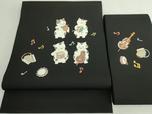 平和屋着物●極上 塩瀬 つけ帯 猫 ネコ 楽器 黒地 金彩 逸品 未使用 DZAB4799kh6