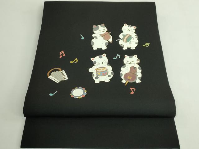 平和屋着物●極上 塩瀬 つけ帯 猫 ネコ 楽器 黒地 金彩 逸品 未使用 DZAB4799kh6
