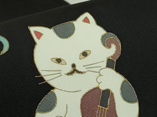 平和屋着物●極上 塩瀬 つけ帯 猫 ネコ 楽器 黒地 金彩 逸品 未使用 DZAB4799kh6
