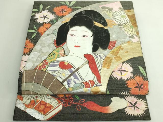 平和屋本店●極上 アンティーク 大正ロマン 九寸開き名古屋帯 手描き 着物美人 金銀彩 逸品 DZAB4805kh6