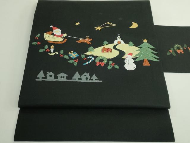 平和屋着物●極上 九寸名古屋帯 クリスマス サンタクロース 黒地 逸品 DZAB4806kh6
