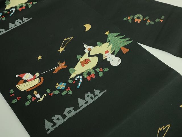 平和屋着物●極上 九寸名古屋帯 クリスマス サンタクロース 黒地 逸品 DZAB4806kh6