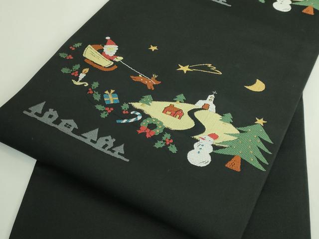 平和屋着物●極上 九寸名古屋帯 クリスマス サンタクロース 黒地 逸品 DZAB4806kh6