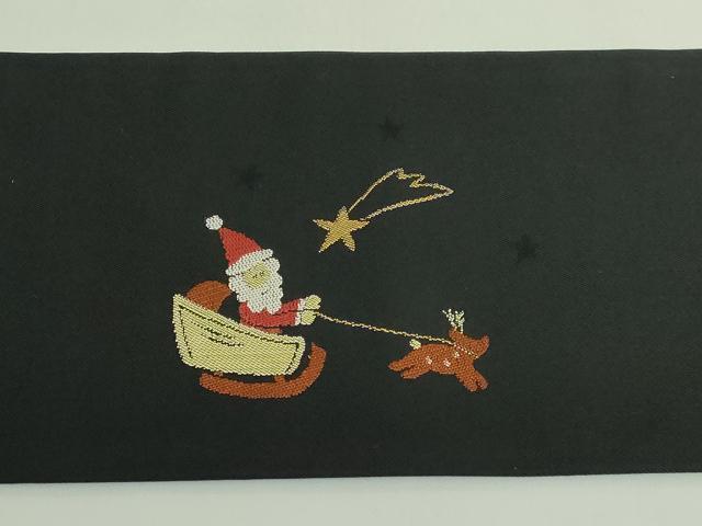 平和屋着物●極上 九寸名古屋帯 クリスマス サンタクロース 黒地 逸品 DZAB4806kh6
