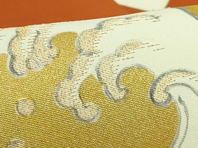 平和屋本店●極上 銀座 志ま亀 塩瀬 九寸名古屋帯 手描き 刺繍 扇子 白兎 朱色地 金糸 たとう紙付き 逸品 DZAB4810kh6