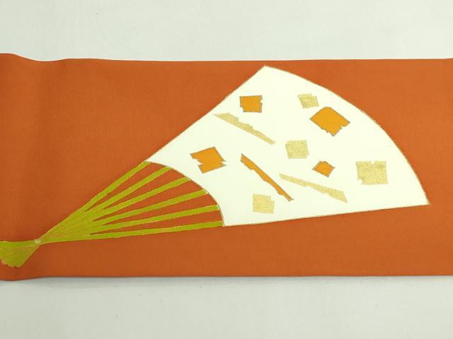 平和屋本店●極上 銀座 志ま亀 塩瀬 九寸名古屋帯 手描き 刺繍 扇子 白兎 朱色地 金糸 たとう紙付き 逸品 DZAB4810kh6