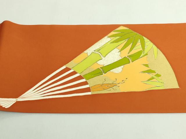 平和屋本店●極上 銀座 志ま亀 塩瀬 九寸名古屋帯 手描き 刺繍 扇子 白兎 朱色地 金糸 たとう紙付き 逸品 DZAB4810kh6