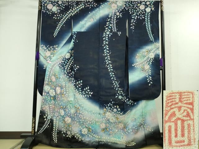 平和屋本店●極上 越後十日町の一流染匠 桐屋・翠山工房 振袖 辻が花 暈し染め 銀通し地 逸品 DZAB4858kh6