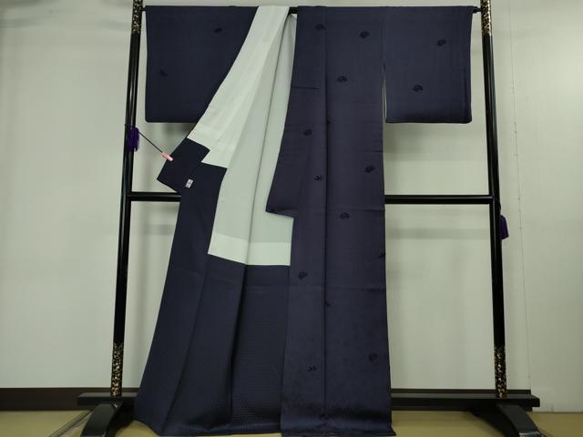 平和屋着物●極上 お召 天鵞絨 ビロード 鳳凰桐唐草 色無地 鉄紺色 京都きもの友禅扱い 逸品 DZAB4863kh6