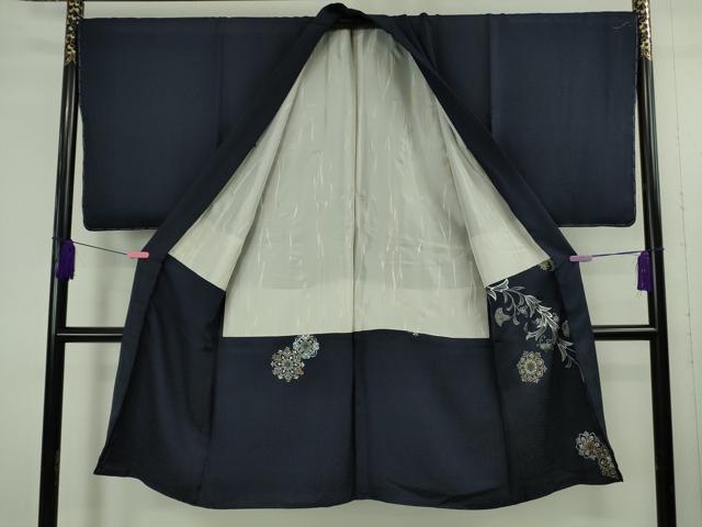平和屋本店∞極上 男性 長羽織 キングサイズ 草花地紋 正倉院文 鉄紺色地 金銀彩 逸品 未使用 DZAB4864kh6