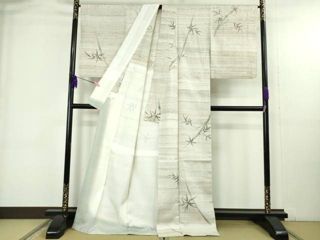 平和屋着物●極上 訪問着 生紬 背抜き仕立て 手描き 笹竹 ロング丈 逸品 DZAB4873kh6