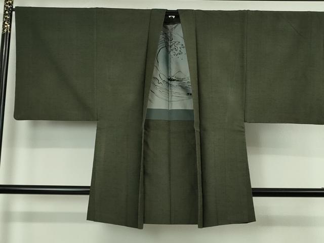 平和屋着物∞極上 男性 長羽織 紬地 黒緑色地 逸品 DZAB4878kh6
