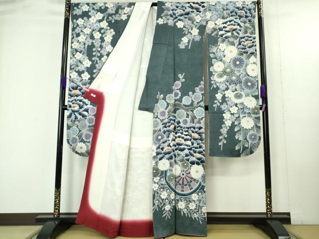 平和屋本店●極上 名門 藤娘きぬたや・総絞り 振袖 花車 枝垂れ花 藍鉄色地 落款有り 逸品 未使用 DZAB4889kh6