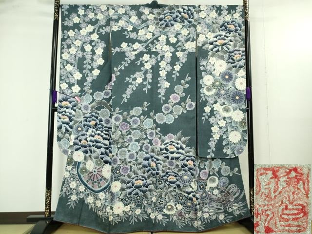 平和屋本店●極上 名門 藤娘きぬたや・総絞り 振袖 花車 枝垂れ花 藍鉄色地 落款有り 逸品 未使用 DZAB4889kh6