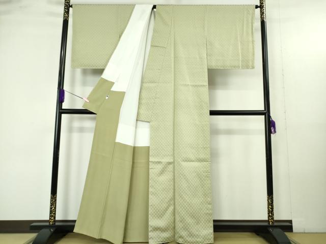 平和屋着物●極上 京都 矢代仁 紋御召 錦紗 市松 柳鼠色地 銀糸 反端付き 逸品 未使用 DZAB4891kh6
