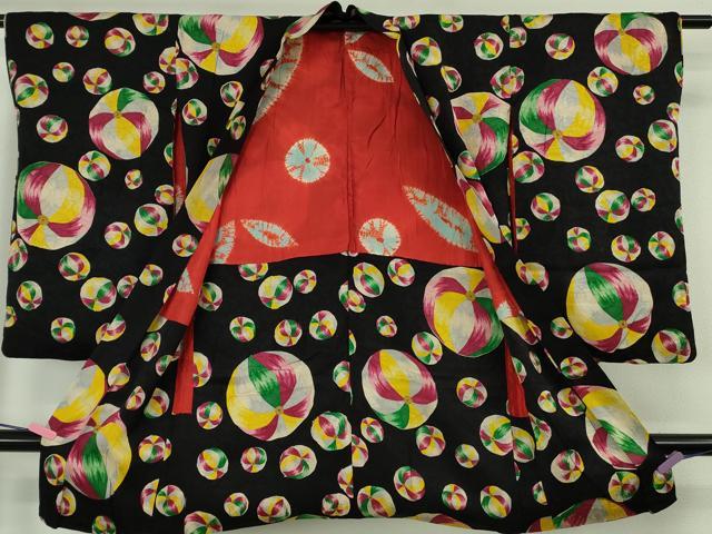 平和屋本店∞極上 アンティーク 大正ロマン 長羽織 紙風船 黒地 逸品 DZAB4893kh6