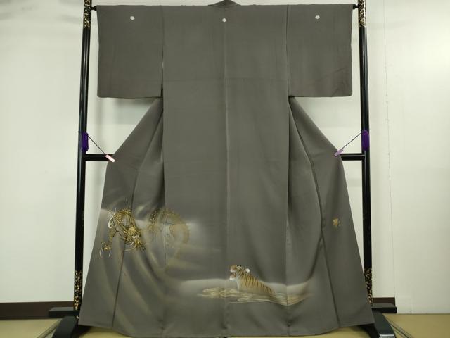 平和屋着物●極上 色留袖 龍 虎 手描き 消炭色地 暈し染め 金彩 逸品 DZAB4908kh6