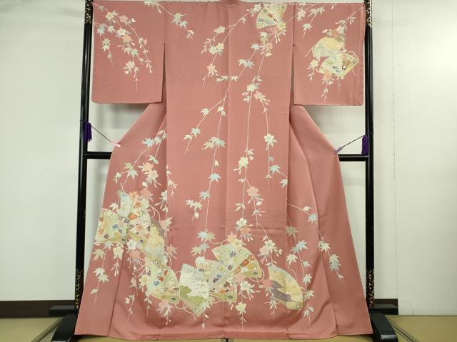 平和屋本店●極上 創業460年・千總 訪問着 駒刺繍 枝垂れ桜 檜扇文 薄紅色地 金彩 松坂屋扱い ロング丈 逸品 未使用 DZAB4920kh6