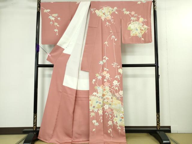 平和屋本店●極上 創業460年・千總 訪問着 駒刺繍 枝垂れ桜 檜扇文 薄紅色地 金彩 松坂屋扱い ロング丈 逸品 未使用 DZAB4920kh6
