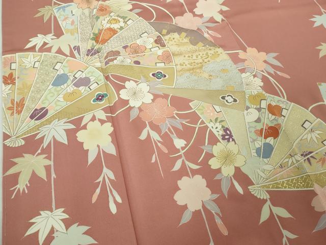 平和屋本店●極上 創業460年・千總 訪問着 駒刺繍 枝垂れ桜 檜扇文 薄紅色地 金彩 松坂屋扱い ロング丈 逸品 未使用 DZAB4920kh6