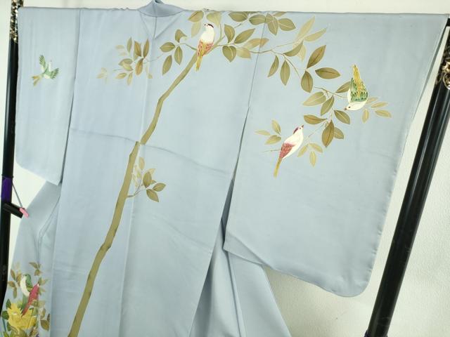 平和屋本店●極上 染刺工芸 大羊居 東京友禅 訪問着 駒刺繍 尾長鳥 チューリップ 草花 淡藤色地 金糸 ロング丈 逸品 DZAB4929kh6