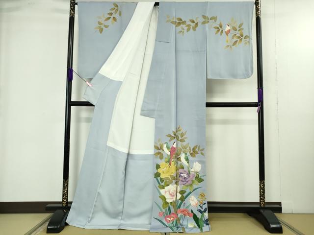 平和屋本店●極上 染刺工芸 大羊居 東京友禅 訪問着 駒刺繍 尾長鳥 チューリップ 草花 淡藤色地 金糸 ロング丈 逸品 DZAB4929kh6