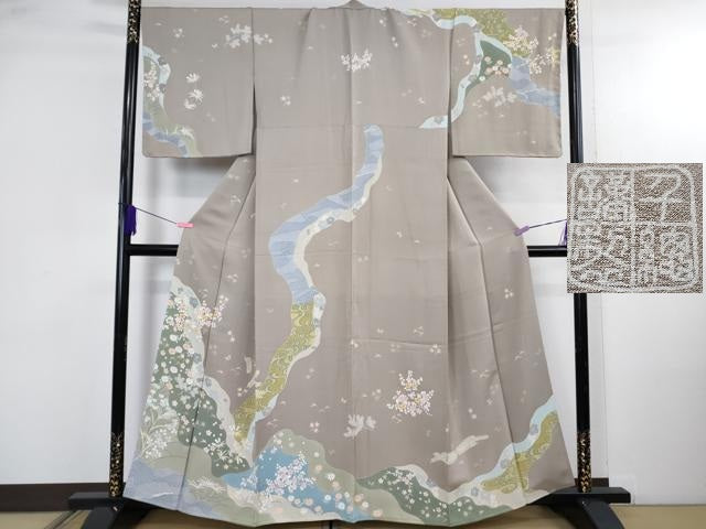 平和屋本店●極上 創業460年・千總 訪問着 刺繍 道長花松葉 枯野色地 大丸扱い 逸品 DZAB4966kh6