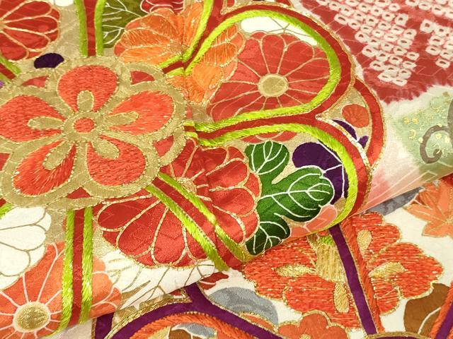 平和屋本店●極上 創業460年・千總 振袖 駒刺繍 絞り 束ね熨斗吉祥花文 虹色地 金彩 大丸扱い 逸品 DZAB4967kh6