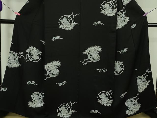 平和屋本店●極上 小紋 風神雷神 黒地 逸品 DZAB4975kh6
