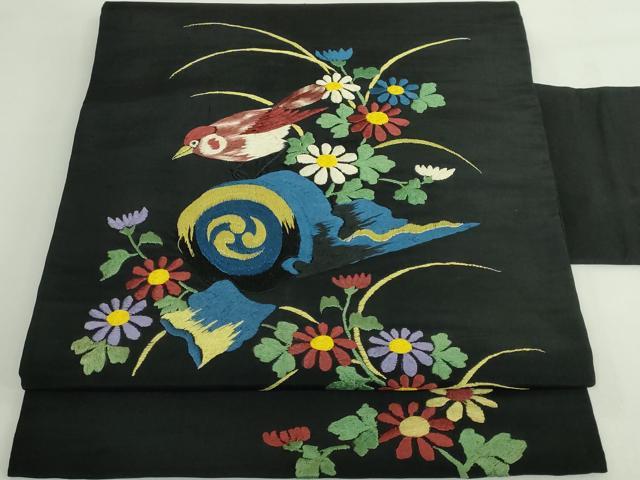平和屋着物●極上 アンティーク 大正ロマン 九寸名古屋帯 総手刺繍 花鳥文 黒地 逸品 DZAB5021kh6