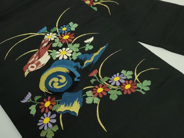 平和屋着物●極上 アンティーク 大正ロマン 九寸名古屋帯 総手刺繍 花鳥文 黒地 逸品 DZAB5021kh6