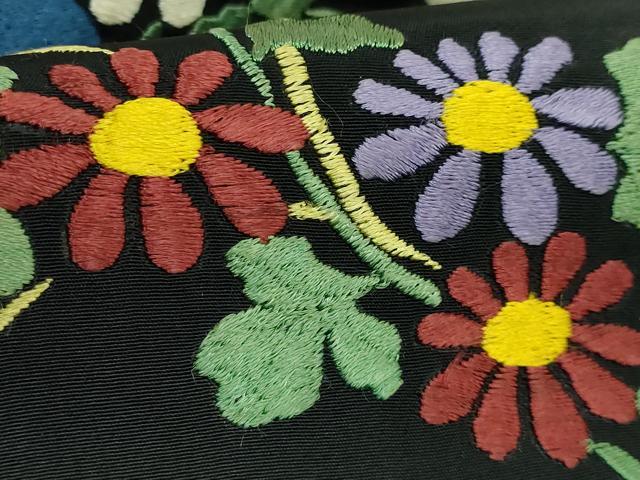 平和屋着物●極上 アンティーク 大正ロマン 九寸名古屋帯 総手刺繍 花鳥文 黒地 逸品 DZAB5021kh6