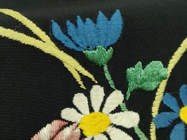 平和屋着物●極上 アンティーク 大正ロマン 九寸名古屋帯 総手刺繍 花鳥文 黒地 逸品 DZAB5021kh6