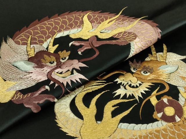 平和屋着物●極上 アンティーク 大正ロマン 九寸名古屋帯 総手刺繍 龍 黒地 銀糸 逸品 DZAB5022kh6