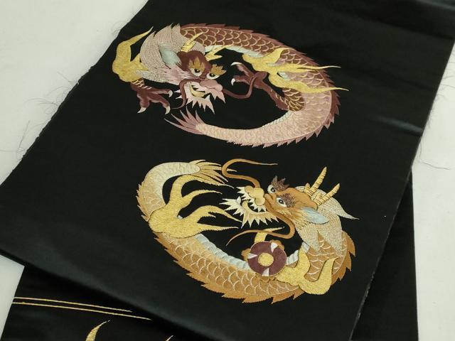 平和屋着物●極上 アンティーク 大正ロマン 九寸名古屋帯 総手刺繍 龍 黒地 銀糸 逸品 DZAB5022kh6