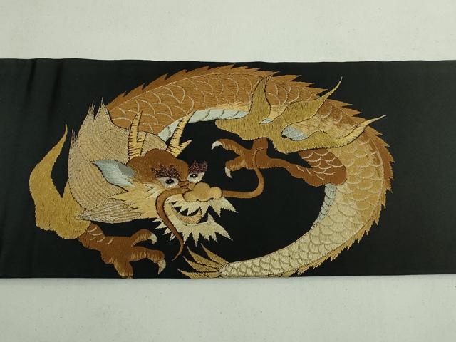平和屋着物●極上 アンティーク 大正ロマン 九寸名古屋帯 総手刺繍 龍 黒地 銀糸 逸品 DZAB5022kh6