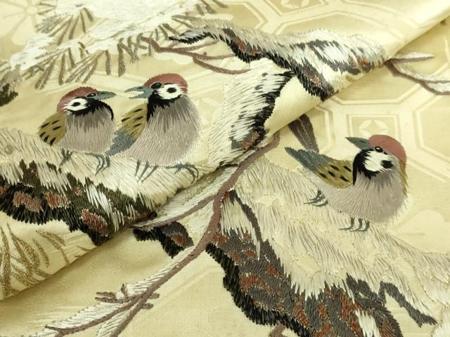 平和屋着物●極上 アンティーク 大正ロマン 九寸名古屋帯 総手刺繍 雪持ち松 雀 金銀糸 逸品 DZAB5023kh6
