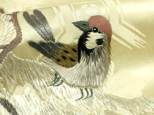 平和屋着物●極上 アンティーク 大正ロマン 九寸名古屋帯 総手刺繍 雪持ち松 雀 金銀糸 逸品 DZAB5023kh6