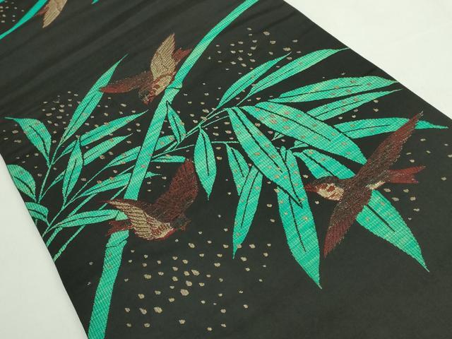 平和屋着物●極上 アンティーク 大正ロマン 九寸名古屋帯 引き抜き帯 笹竹に雀 黒地 凌翁 金糸 逸品 DZAB5024kh6